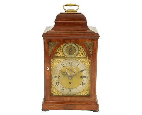 PHILIP LONDON. A 19TH CENTURY GEORGE III STYLE THREE TRAIN QUARTER STRIKING MAHOGANY BELL TOP BRACKET CLOCK the 8" arched bra