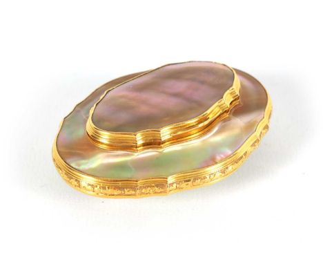 A 19TH CENTURY CONTINENTAL 18CT GOLD MOUNTED ABALONE SHELL SNUFF BOX of shaped stepped design, foliage and banded embossed go