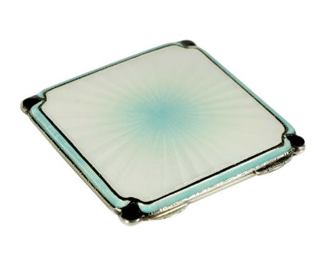 AN ART DECO SILVER AND GUILLOCHE ENAMEL SQUARE POWDER COMPACT with radiating green to white centre pattern amongst a pale gre