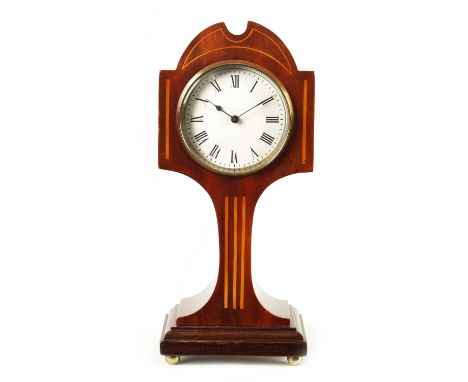AN EDWARDIAN ART NOUVEAU STYLE BOXWOOD STRUNG AND MAHOGANY INLAID MANTEL CLOCK the enamel Roman dial fronting an eight-day sp