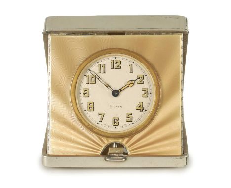AN ART DECO SILVER AND GUILLOCHE ENAMEL TRAVELLING BOUDOIR CLOCK the hinged case with striped and sunburst enamel pattern dec