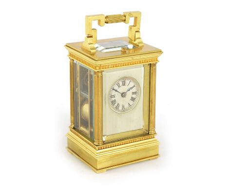 GAY AND LAMAILLE, A LATE 19TH CENTURY SMALL FRENCH REPEATING CARRIAGE CLOCK the brass case with reeded handle and turned corn