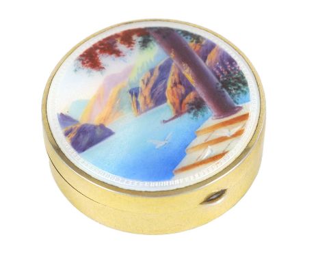 AN EARLY 20TH CENTURY CONTINENTAL SILVER AND GUILLOCHE ENAMEL ROUND BOX the lid with Italian mountain and lake scene on a tur