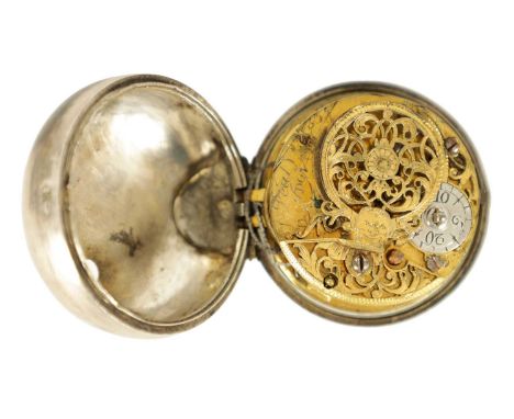 J. PEAT, LONDON. AN EARLY 18TH CENTURY PAIR CASED VERGE SILVER AND TORTOISESHELL POCKET WATCH the Arabic enamel dial fronting