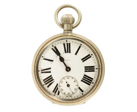 A RARE EARLY 20TH CENTURY SWISS EIGHT DAY OPEN FACE POCKET WATCH the nickel case enclosing a white enamel dial with Roman num