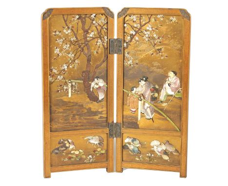 A FINE JAPANESE MEIJI PERIOD SHIBAYAMA LAQUER WORK SCREEN finely decorated with mother of pearl, coral and stained ivory, dep