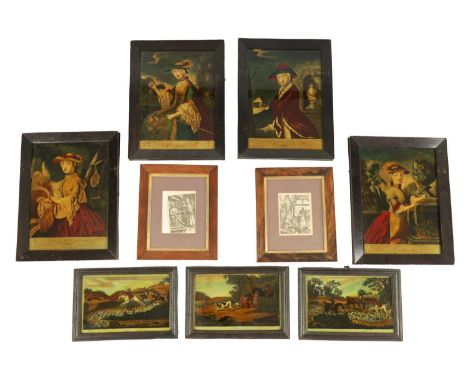 THREE 18TH CENTURY REVERSE GLASS COLOURED SPORTING PRINTS each with tilted inscription - mounted in ebonised wood frames TOGE
