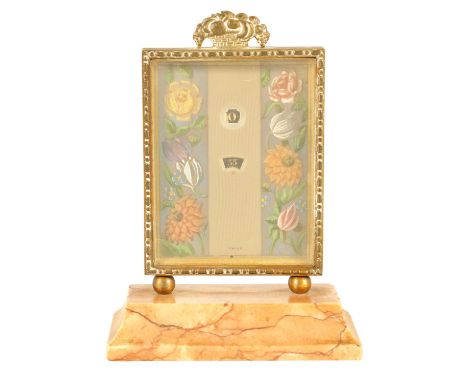 A SMALL VINTAGE SWISS ORMOLU AND PINK MARBLE DESK CLOCK the gilt frame enclosing a floral painted dial with hour and minute a