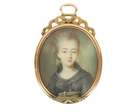 AN 18TH CENTURY FRENCH MINIATURE PORTRAIT OF MADAME DU BARRY in Clerical Garb - mounted in a gold metal frame with ribbon tie