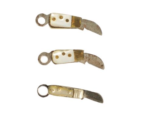 A COLLECTION OF THREE VICTORIAN MICRO-MINIATURE FOLDING PEN KNIVES probably made as apprentice pieces, with mother-of-pearl h