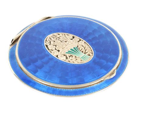 AN MID 20TH CENTURY AUSTRIAN .935 SILVER AND GUILLOCHE ENAMEL POWDER COMPACT the lid with rich blue radiating enamel pattern 