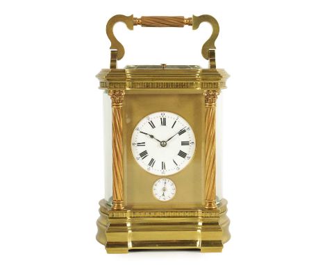 A LARGE SIZe LATE 19TH CENTURY FRENCH BOW SIDED LACQUERED BRASS REPEATING CARRIAGE CLOCK WITH ALARM the masked matted gilt di