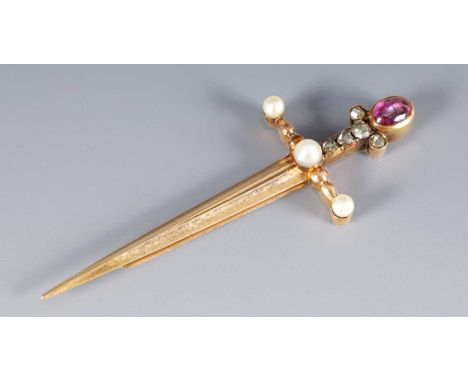 A LATE 19TH CENTURY FABERGE 14CT GOLD RUBY, DIAMOND AND PEARL BOOKMARK, WORKMASTER AUGUST HOLLMING (1854 - 1913) modelled as 