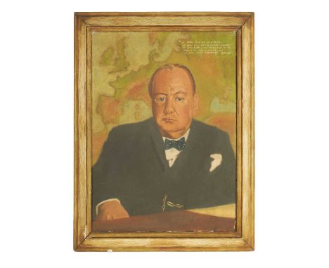 A MID 20TH CENTURY PORTRAIT OIL ON CANVAS depicting Sir Winston Churchill with map of Europe behind, his famous speech dated 