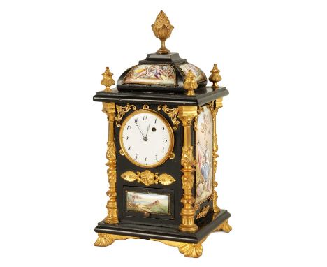 A LATE 19TH CENTURY AUSTRIAN VIENNESE EBONISED AND ENAMEL MANTEL CLOCK the ormolu mounted case covered with enamel panels dep