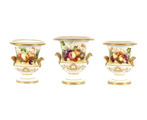 A 19TH CENTURY SPODE TYPE THREE PIECE GARNITURE SET OF PORCELAIN VASES the gilt two-handled urn shaped bodies decorated with 