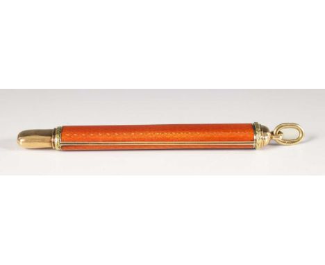 AN EARLY 20TH CENTURY FABERGE 14CT GOLD AND GUILLOCHE ENAMEL PENCIL HOLDER of flattened oval form with orange enamel and two 