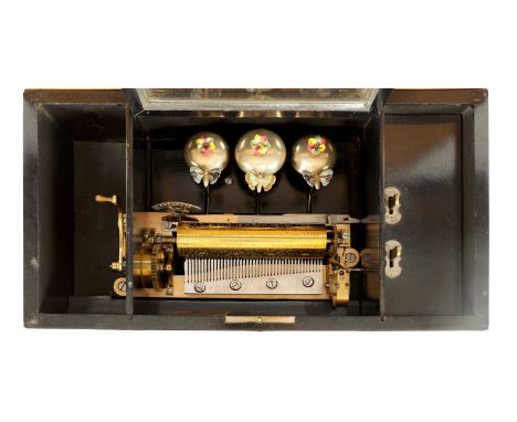 A LATE 19TH CENTURY SWISS EIGHT AIRS CYLINDER MUSIC BOX the simulated rosewood case with hinged lid opening to reveal a sprin