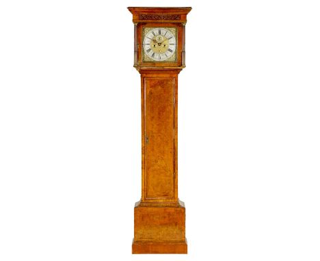RICHARD SYMONDS, LONDON. A QUEEN ANNE FIGURED WALNUT EIGHT-DAY LONGCASE CLOCK with 12" square brass dial fitted with crown an