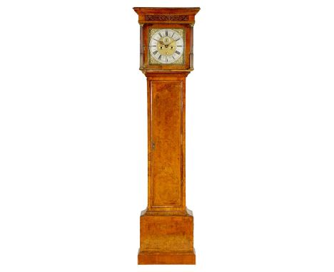 RICHARD SYMONDS, LONDON. A QUEEN ANNE FIGURED WALNUT EIGHT-DAY LONGCASE CLOCK with 12" square brass dial fitted with crown an