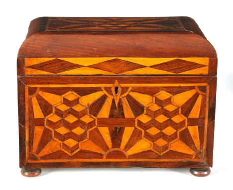 AN EARLY VICTORIAN MAHOGANY AND ROSEWOOD BANDED SPECIMEN WOOD PARQUETRY INLAID TEA CADDY OF LARGE SIZE the hinged rounded top