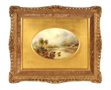 JOHN STINTON. A ROYAL WORCESTER FRAMED OVAL PORCELAIN PLAQUE OF LARGE SIZE finely painted with Highland Cattle watering in a 