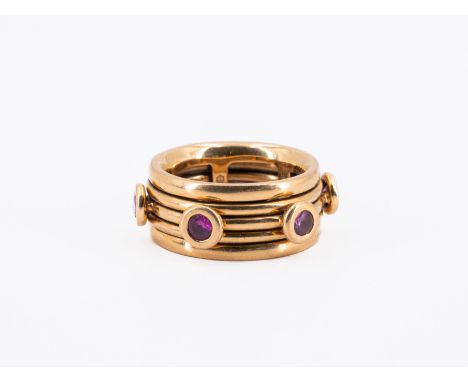 FARBSTEIN-RING. Material: 750/- Gelbgold, Punze. Gesamtgewicht: ca. 21,0 g. EU-RM: 57. Edelsteine: 6 rosafarbene (hell und du