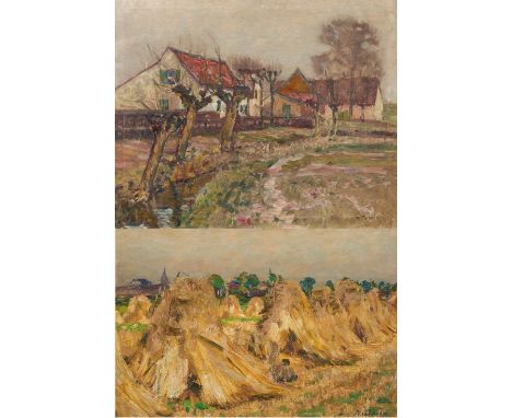 DERIX, MATTHIAS1845 Süchteln - 1950Titel: Zwei Gemälde. a.) Gehöft am Niederrhein. Öl auf Leinwand. 66,5 x 82cm. Signiert unt