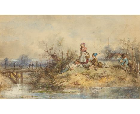 KATE, JOHANN MARI TEN1831 Den Haag - 1910 DriebergenTitel: Angelnde Kinder am Bach. Technik: Aquarell auf Papier. Montierung: