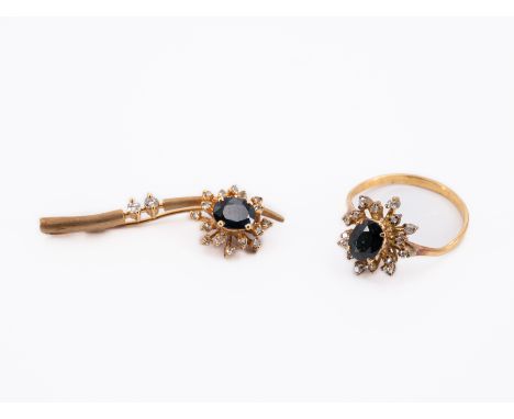SAPHIR-DIAMANT-SET: BROSCHE UND RING. Herkunft: Deutschland. Material: 585/- Gelbgold, Punze, getestet. Gesamtgewicht: ca. 8,