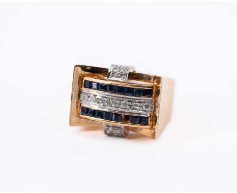FARBSTEIN-DIAMANT-RING. Herkunft: Italien. Material: 750/- Gelbgold, Punze. Gesamtgewicht: ca. 19,5 g. EU-RM: 56. Diamanten: 