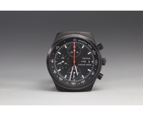 ORFINA PORSCHE DESIGN WATCH Chronograph around 1972/78. Black dial with 3 black counters, day and date indication by window a