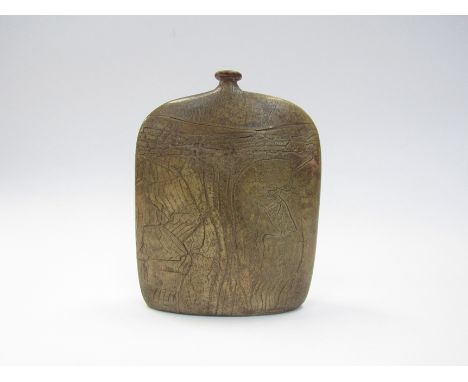 PETER HAYES (b.1946) A studio pottery bottle vase of flattened form, textured surface. Impressed key mark to base. 19cm high