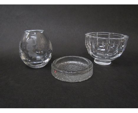 Three pieces of Scandinavian clear glass including an Orrefors 'Thousand Windows' vase by Simon Gate, An Iittala dish and an 