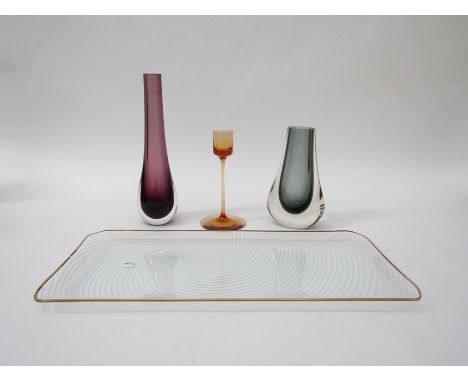 A collection of British glass including a Chance Glass tray (33cm x 14cm) a Whitefriars Geoffrey Baxter vase, a Caithness vas