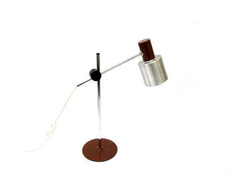 An aluminium desk lamp with brown painted metal base and part shade, adjustable arm. 