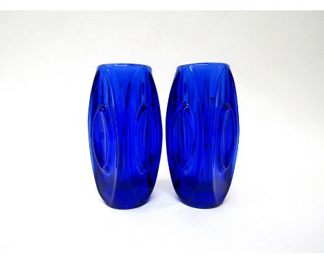 A pair of Sklo Union 'Lens' vases by Rudolf Schrotter in Cobalt blue colour. 15cm high