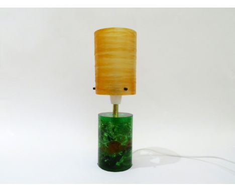 A Shatterline green lamp base of 13cm high with a spun fibreglass shade, overall 34cm high 