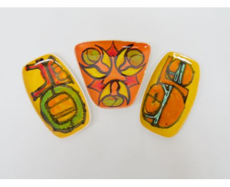Three Poole Delphis small tray dishes, one by Carol Cutler, one with a blue backstamp. Two at 10cm x 18cm, one at 14.5cm x 16