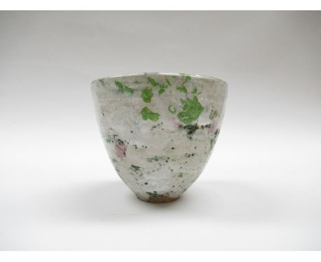 ROBIN WELCH (1936-2019): A Studio Pottery bowl with a thick whitish glaze and mottled green with painted flashes of green and
