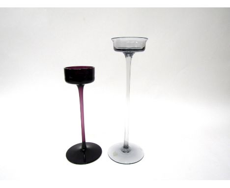Wedgwood Glass tall grey coloured candlestick by Ronald Sennett Wilson, with etched 'Wedgwood' to base and a similar unmarked