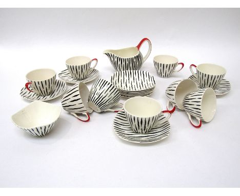 A Midwinter Zambesi pattern collection of teawares by Jessie Tait, milk, sugar plus nine cups and ten saucers.