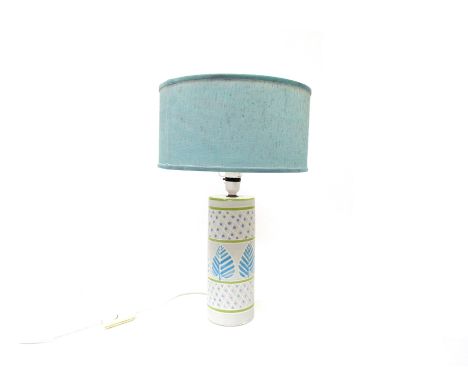 An Italian c1970 ceramic table lamp base with blue and green leaf, dot and line detail. Base 26cm, 48cm overall.