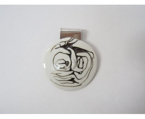 ANTON MICHELSEN, A Danish 1960's silver mounted ceramic pendant with black and white abstract design. Fully marked produced b