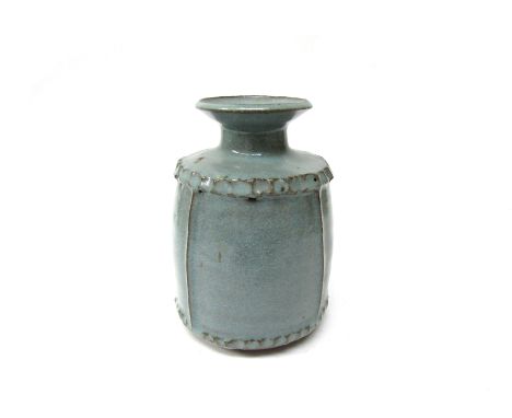 JANET LEACH (1918-1997) (ARR) St Ives pottery dark brown stoneware clay vase. Crimped edges at the shoulder and base. Blue/ g