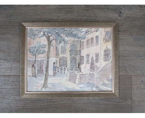 A framed pen and ink drawing of a street scene in 1950's style, 29.5cm x 39.5cm