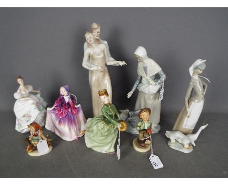 Four Royal Doulton figurines, one by Lladro, one Nao and two Hummel, largest approximately 34 cm (h). [8]