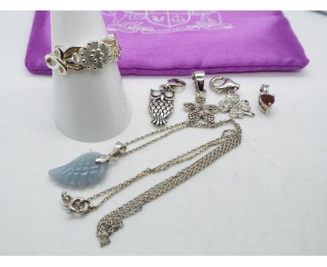 A silver chain, 46 cm (l) with five silver and stone set pendants, also include a silver stone set ring, size P.