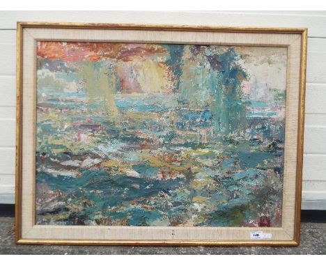 A framed abstract oil on board, titled verso Sea Light &amp; Air, approximately 48 cm x 66 cm image size.