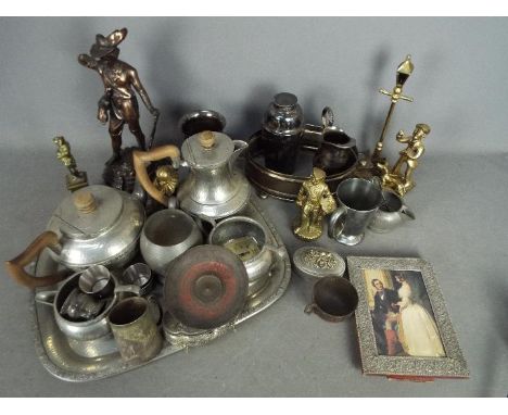 Lot to include a pewter tea service, other pewter, plated ware, brass and similar.